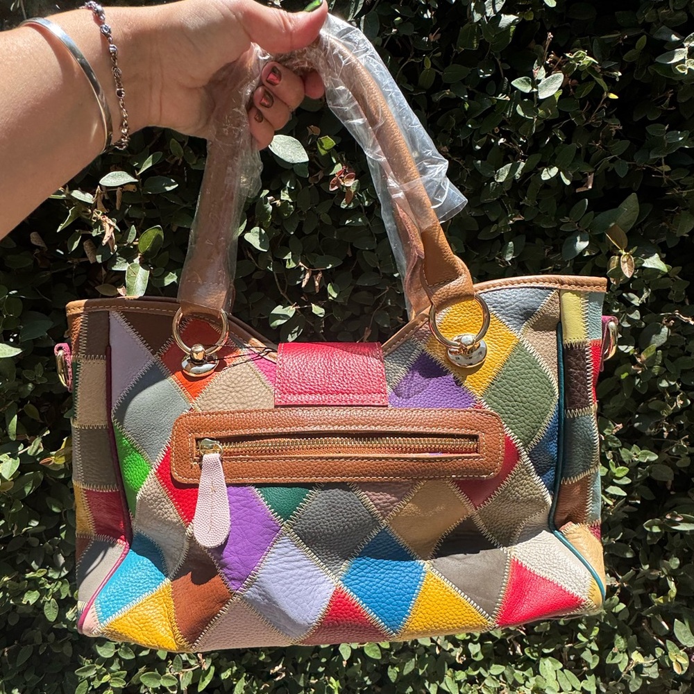 Harlequin Genuine Leather Multicolor Patchwork Tote Bag & wallet! NWT! - Picture 3 of 8